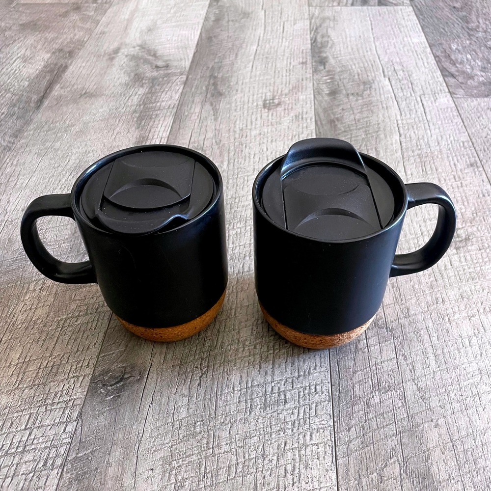 Set of 2 Matte Black Ceramic Coffee Mugs with Cork Bottom and Lids